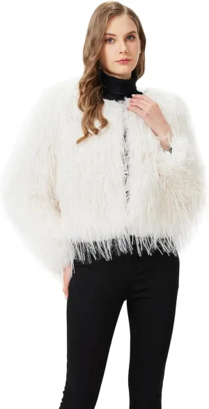 GRAN ORIENTE Women Winter Warm Shaggy Faux Fur Coat,Fluffy Fleece Open Front Long Sleeve Jacket Outerwear with Pockets