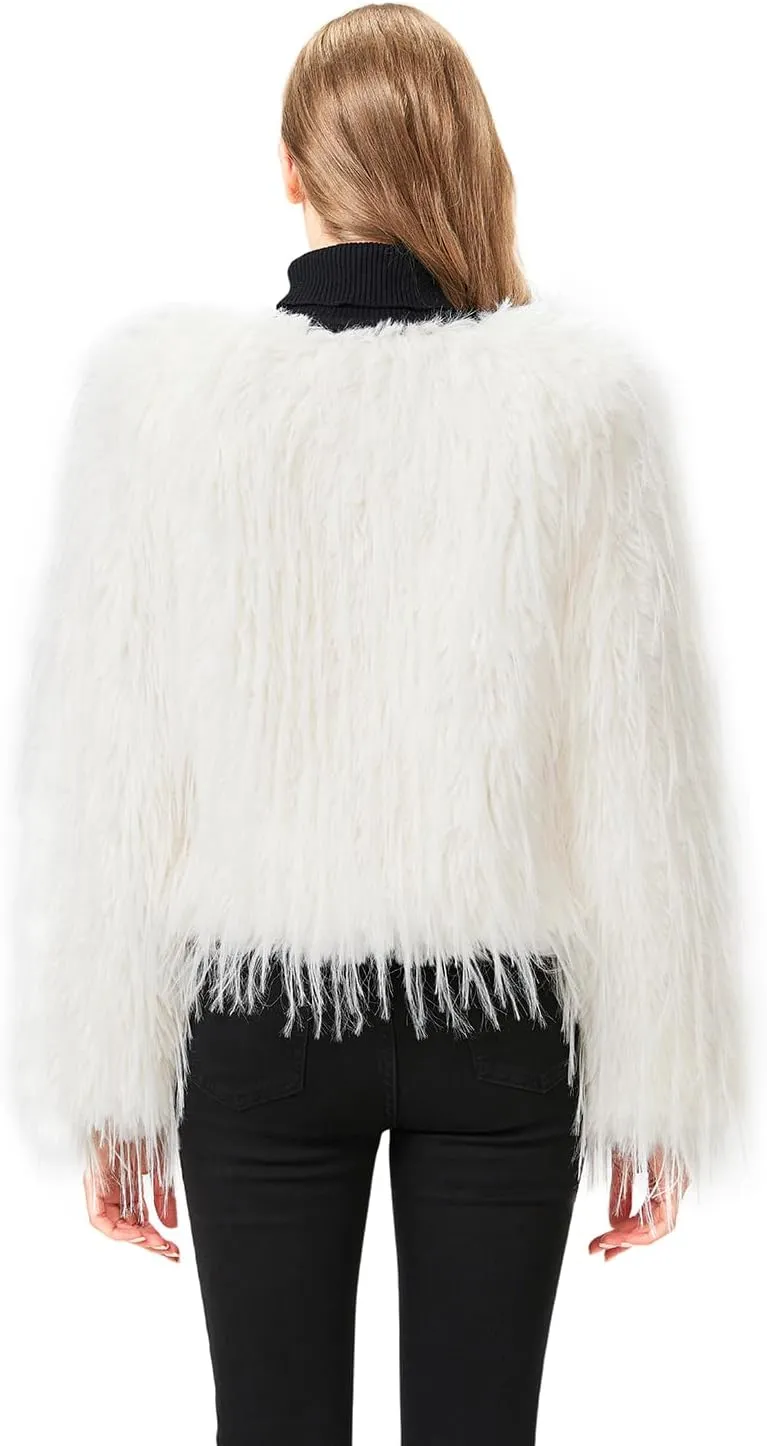 GRAN ORIENTE Women Winter Warm Shaggy Faux Fur Coat,Fluffy Fleece Open Front Long Sleeve Jacket Outerwear with Pockets