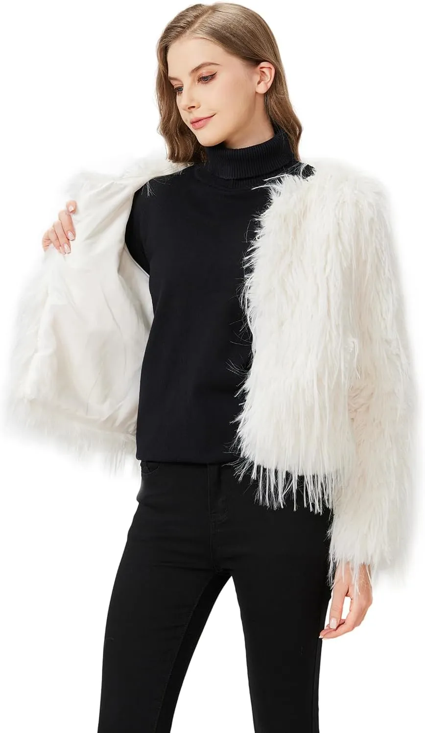 GRAN ORIENTE Women Winter Warm Shaggy Faux Fur Coat,Fluffy Fleece Open Front Long Sleeve Jacket Outerwear with Pockets