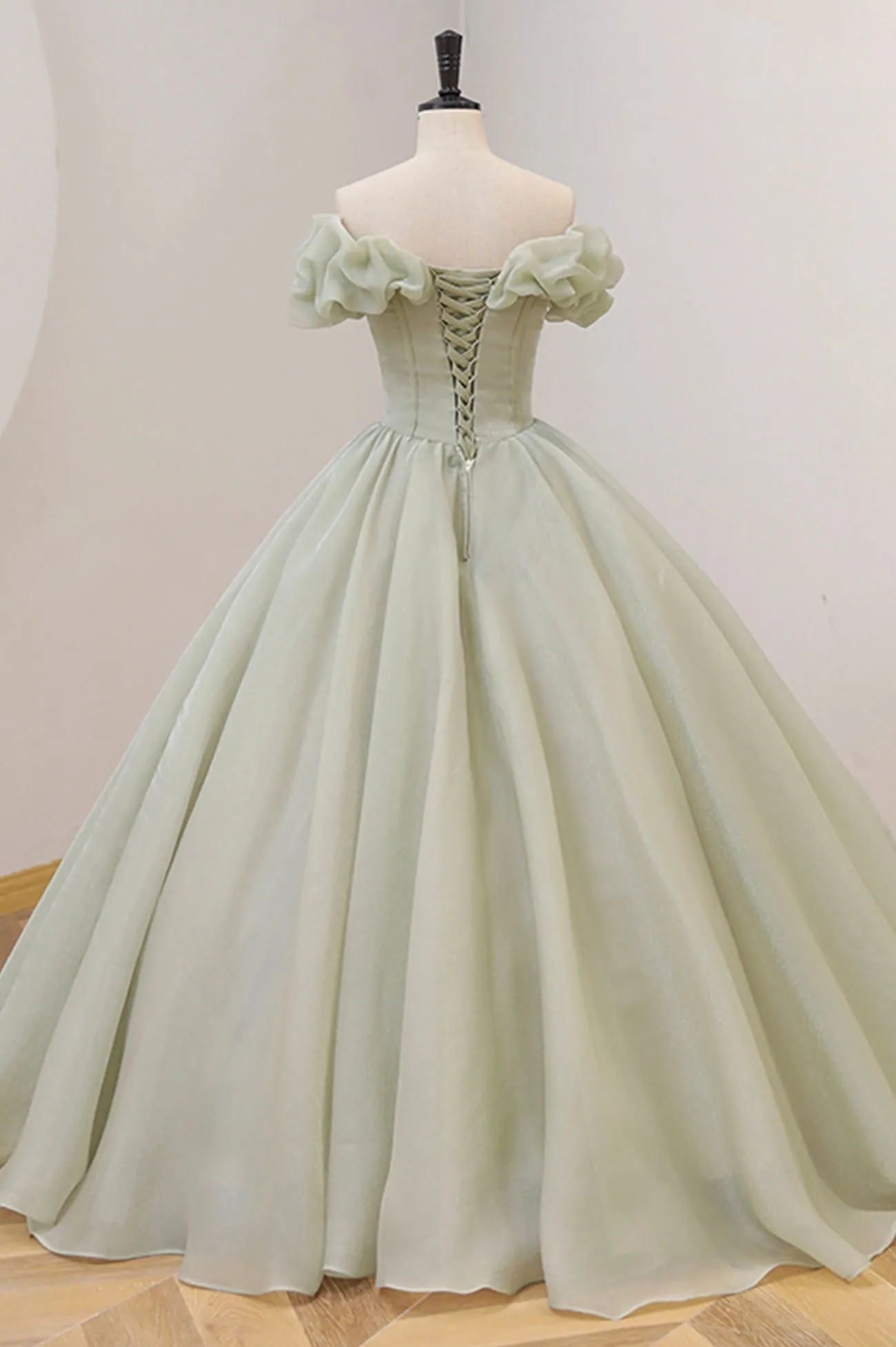Green A-Line Tulle Long Prom Dress with Beaded, Off the Shoulder Evening Dress