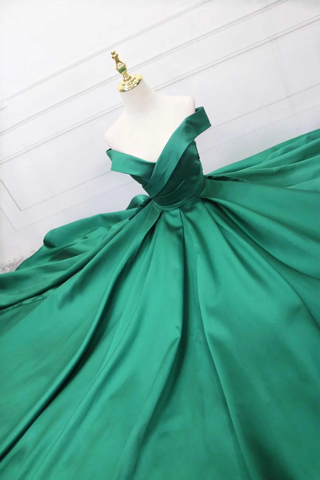 Green Satin Long A-Line Prom Dress, V-Neck Off the Shoulder Evening Dress