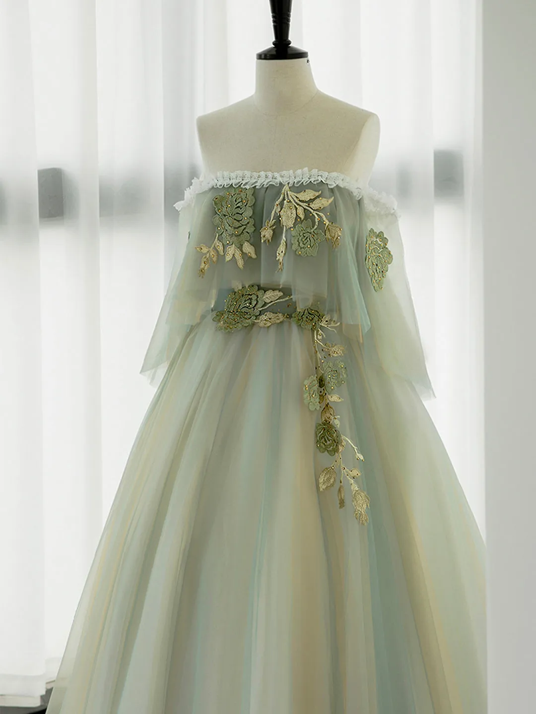 Green Tulle Lace Long Prom Dress Green Off Shoulder Evening Party Dress