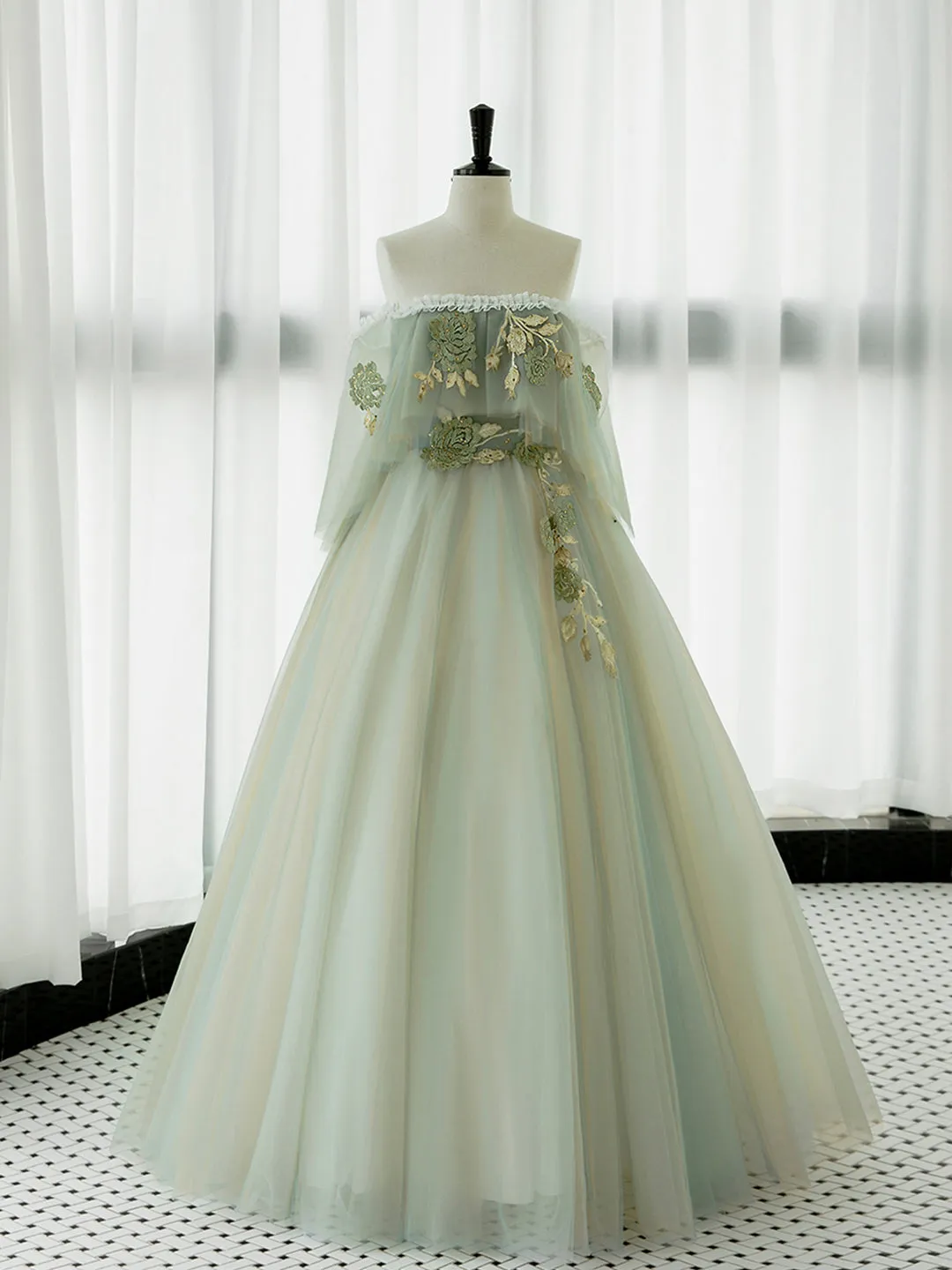 Green Tulle Lace Long Prom Dress Green Off Shoulder Evening Party Dress