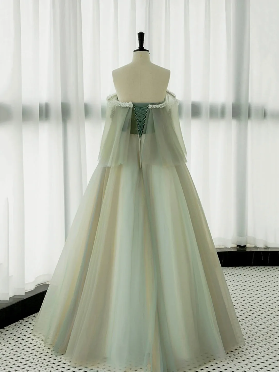 Green Tulle Lace Long Prom Dress Green Off Shoulder Evening Party Dress