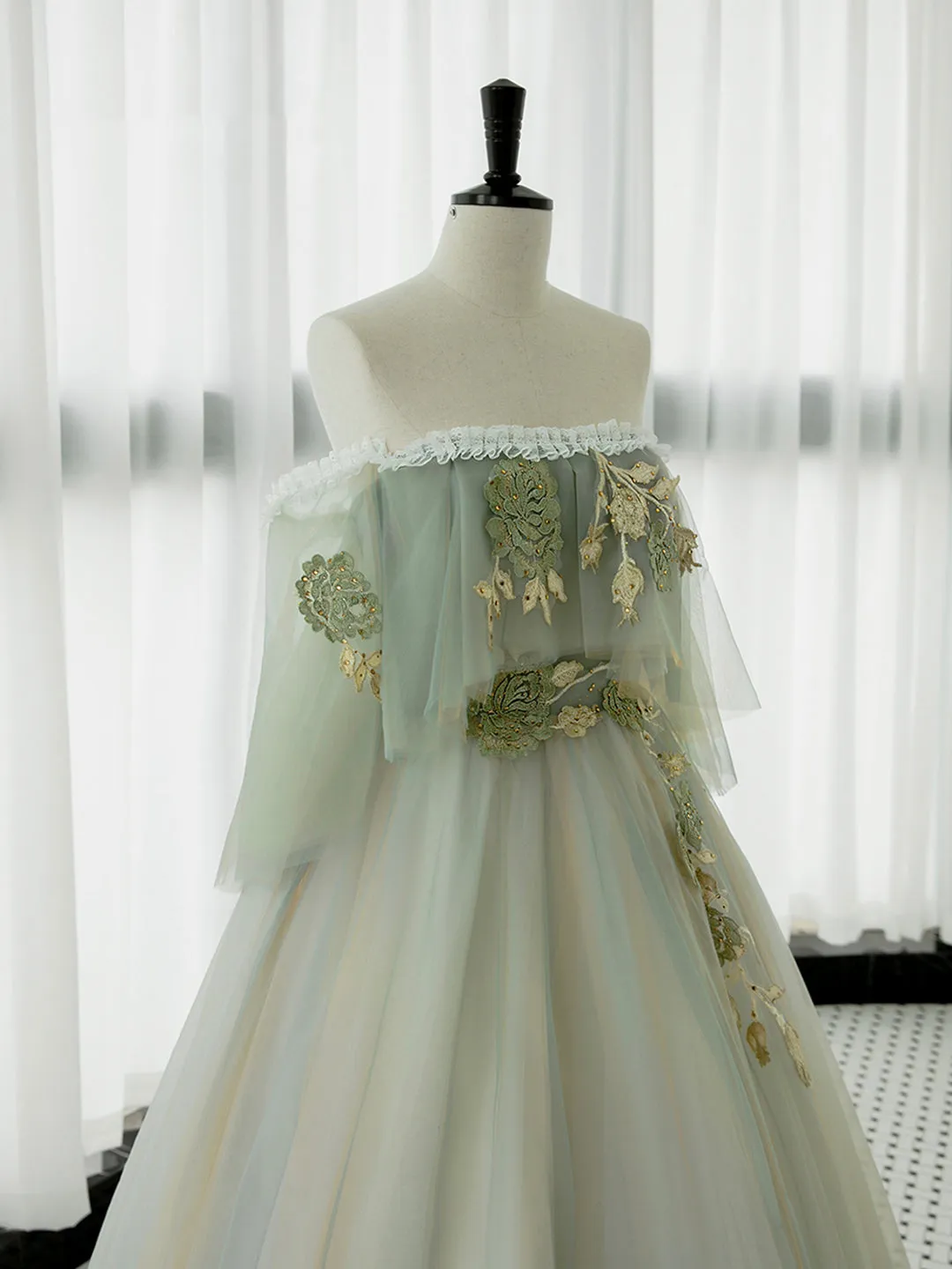 Green Tulle Lace Long Prom Dress Green Off Shoulder Evening Party Dress
