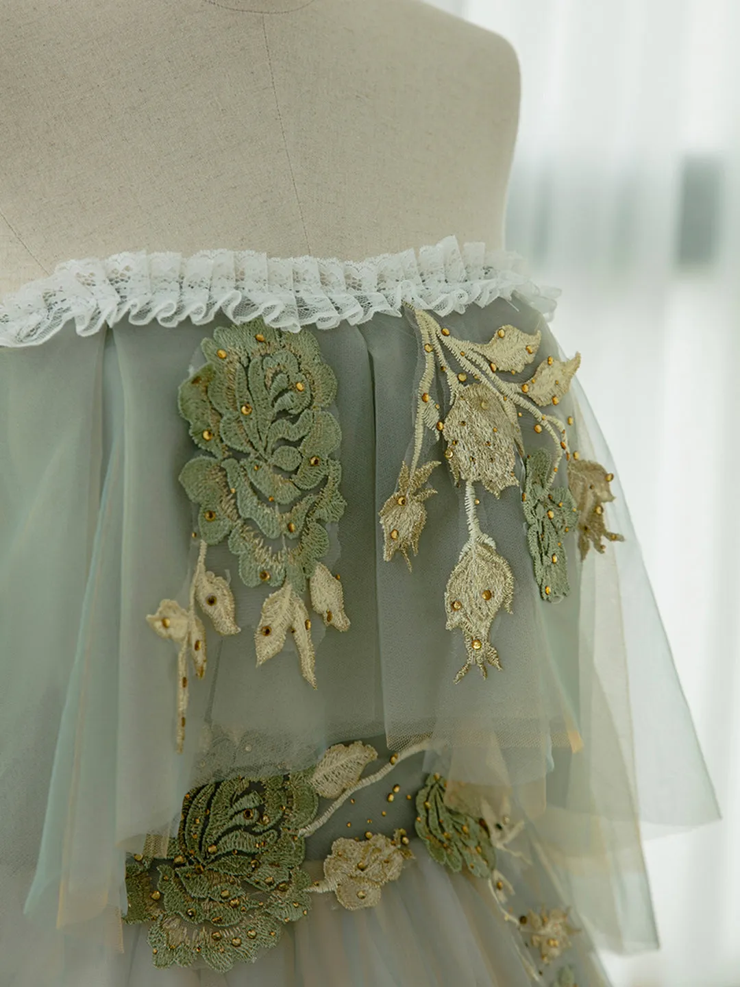 Green Tulle Lace Long Prom Dress Green Off Shoulder Evening Party Dress