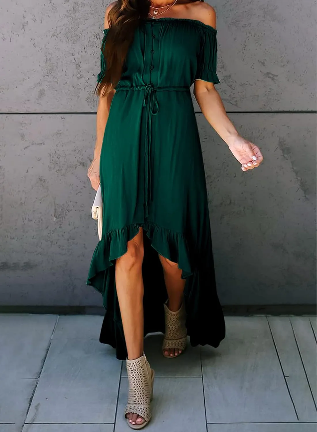 Happy Sailed Womens Off The Shoulder Maxi Dress Casual Short Sleeve Ruffle High Low Cocktail Party Wedding Guest Dresses