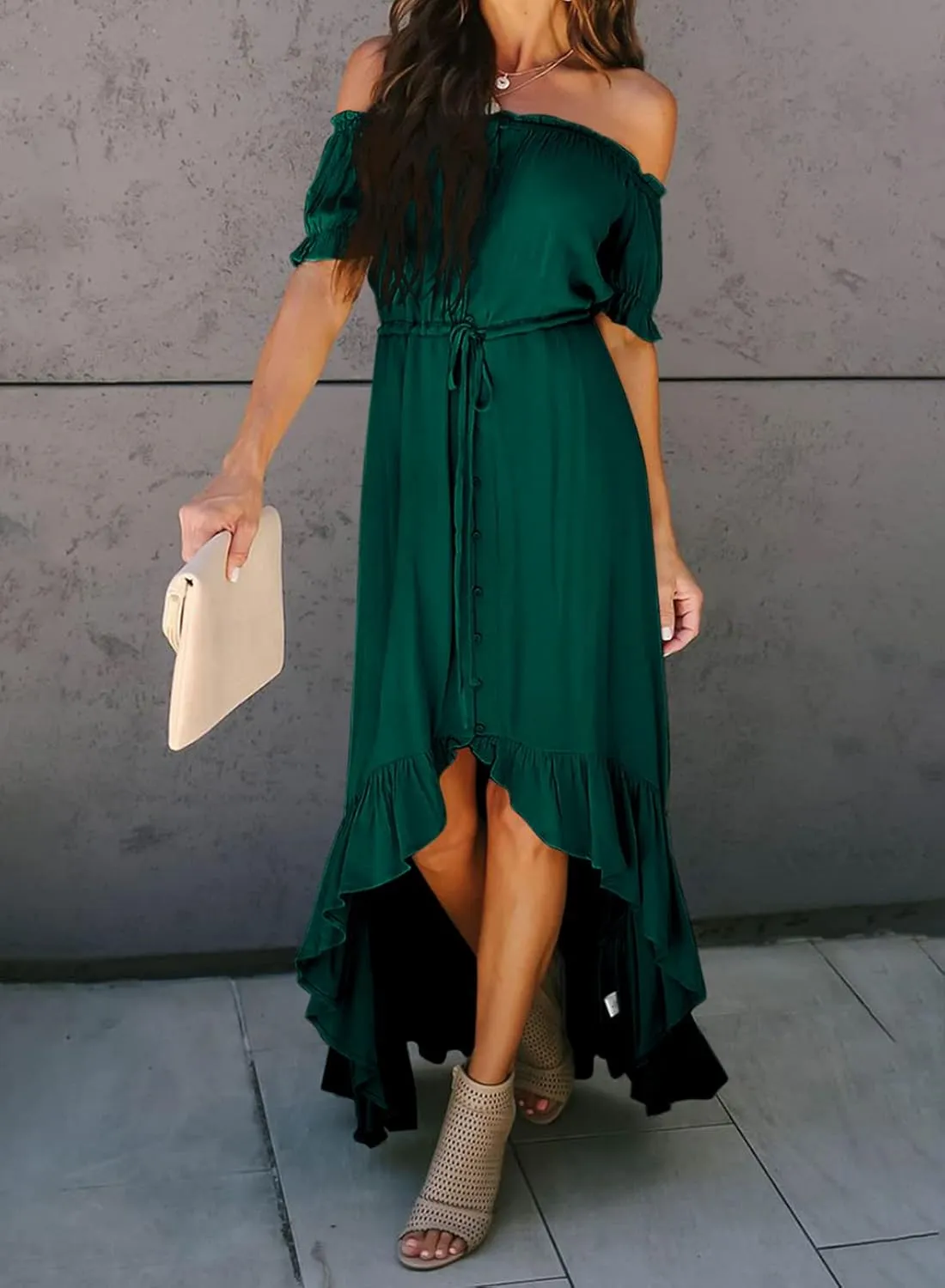 Happy Sailed Womens Off The Shoulder Maxi Dress Casual Short Sleeve Ruffle High Low Cocktail Party Wedding Guest Dresses