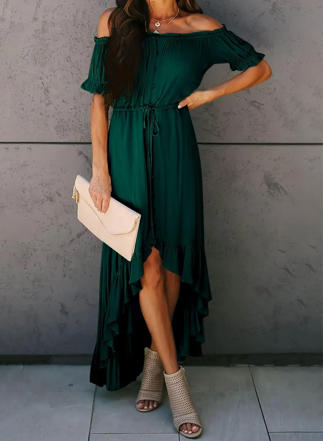 Happy Sailed Womens Off The Shoulder Maxi Dress Casual Short Sleeve Ruffle High Low Cocktail Party Wedding Guest Dresses