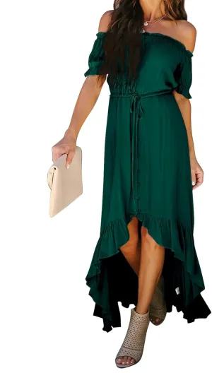 Happy Sailed Womens Off The Shoulder Maxi Dress Casual Short Sleeve Ruffle High Low Cocktail Party Wedding Guest Dresses