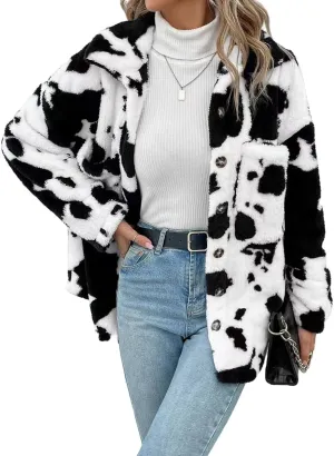 HBER Women's Casual Faux Fur Jacket Trendy Long Sleeve Button Up Cow Print Autumn Winter Loose Sherpa Fur Coats with Pockets