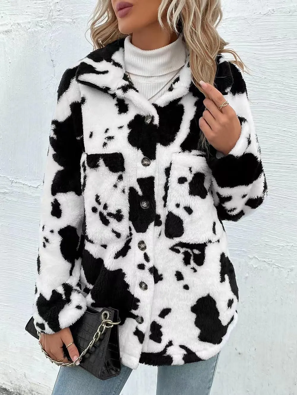 HBER Women's Casual Faux Fur Jacket Trendy Long Sleeve Button Up Cow Print Autumn Winter Loose Sherpa Fur Coats with Pockets