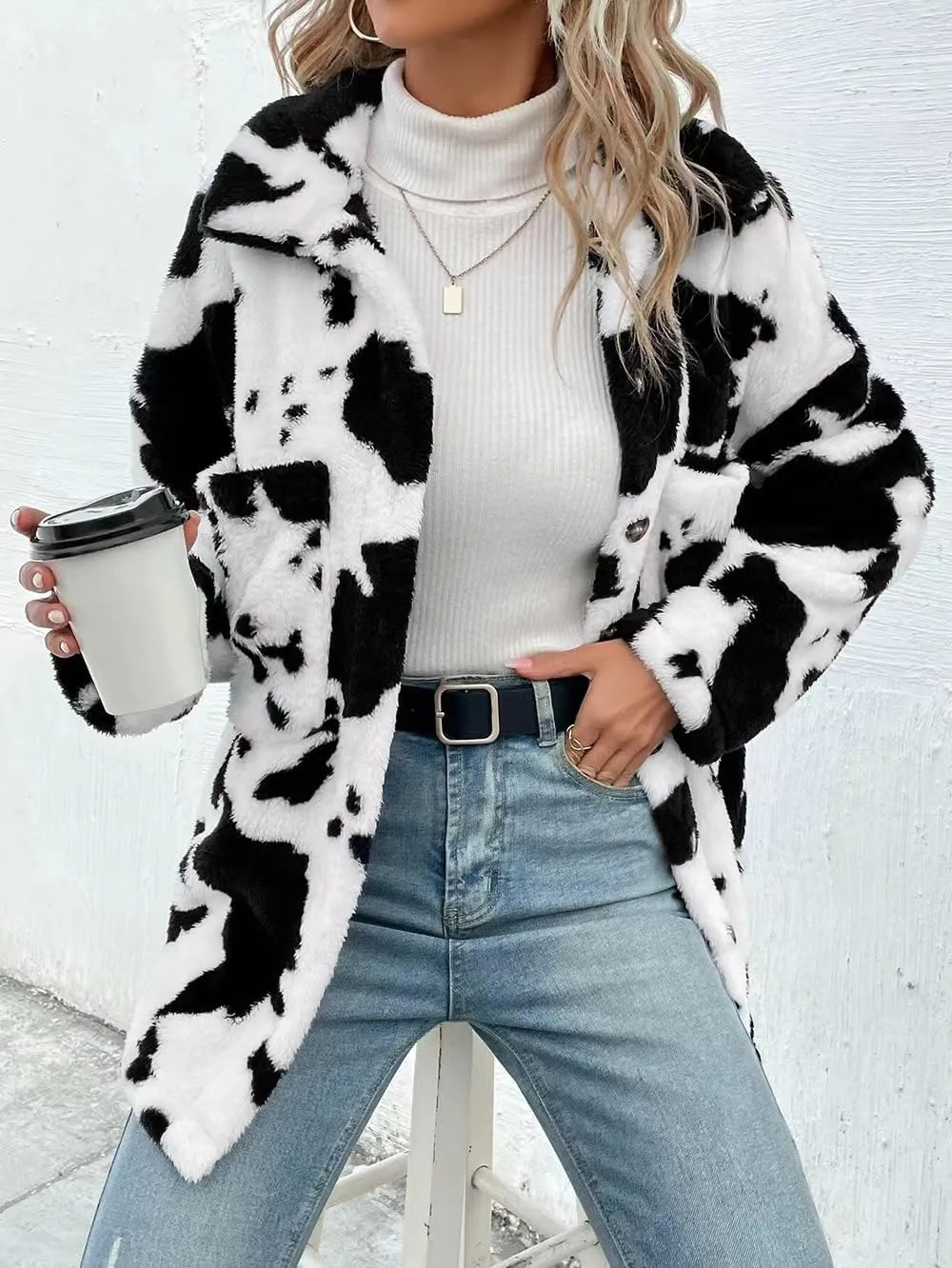 HBER Women's Casual Faux Fur Jacket Trendy Long Sleeve Button Up Cow Print Autumn Winter Loose Sherpa Fur Coats with Pockets