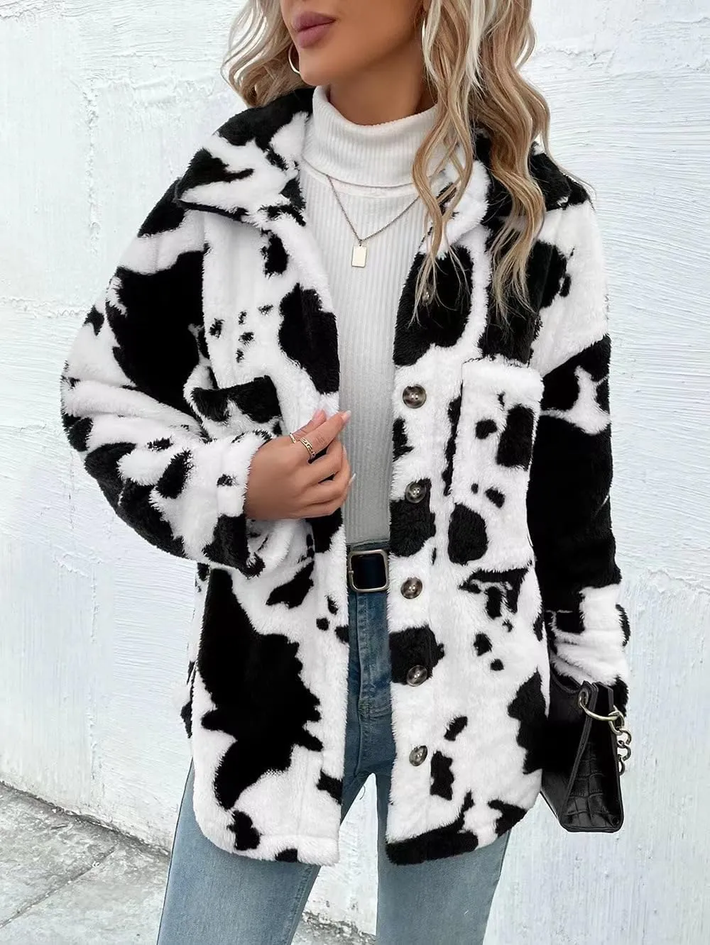 HBER Women's Casual Faux Fur Jacket Trendy Long Sleeve Button Up Cow Print Autumn Winter Loose Sherpa Fur Coats with Pockets