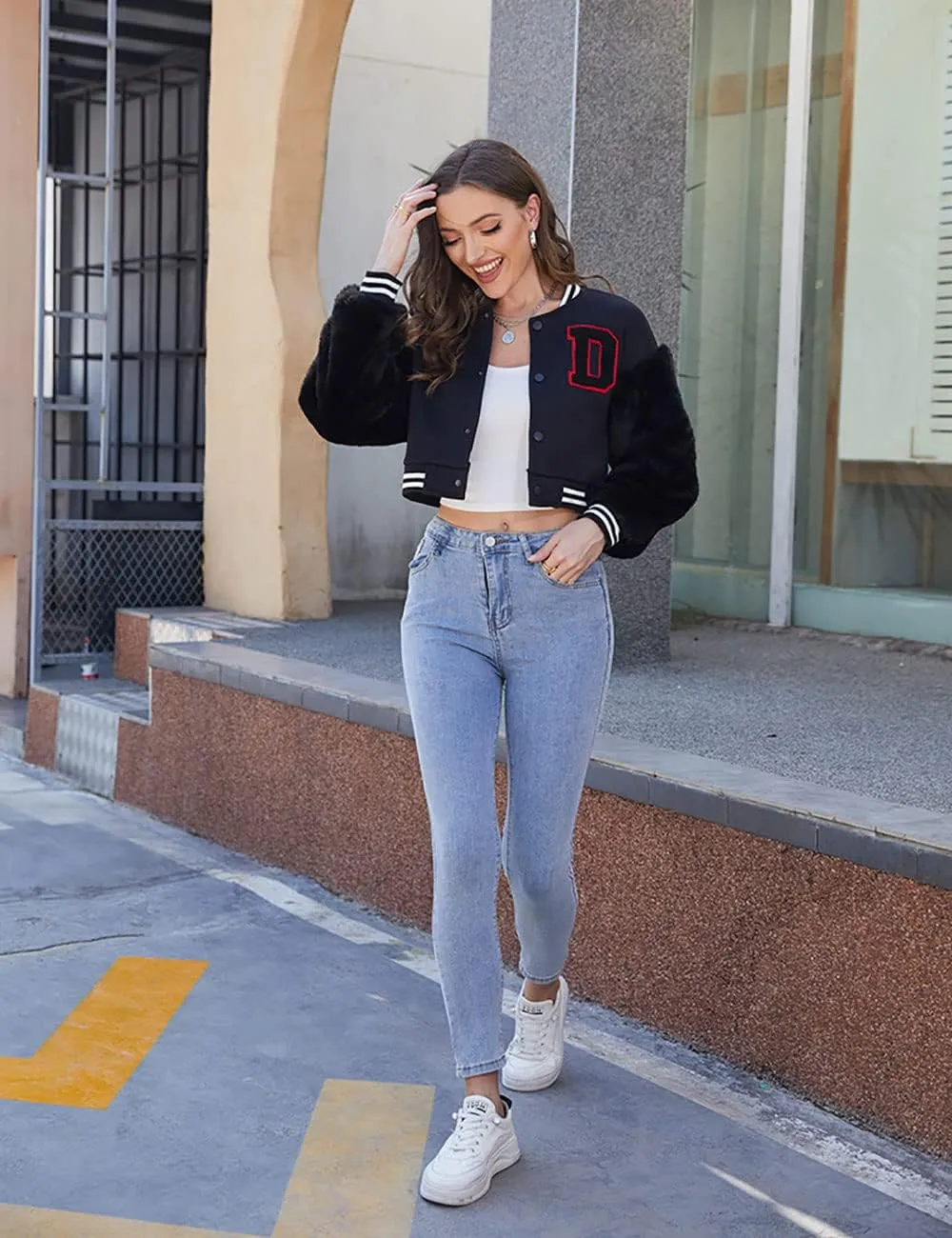 KANSOON Varsity Jacket Women Faux Fur Sleeve Cropped Baseball Jacket Button Up Casual Patchwork Letterman Coat