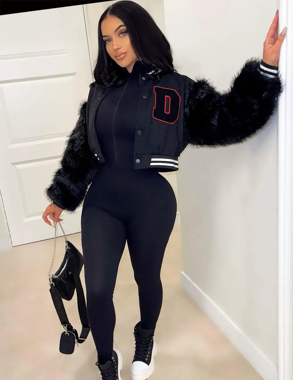 KANSOON Varsity Jacket Women Faux Fur Sleeve Cropped Baseball Jacket Button Up Casual Patchwork Letterman Coat