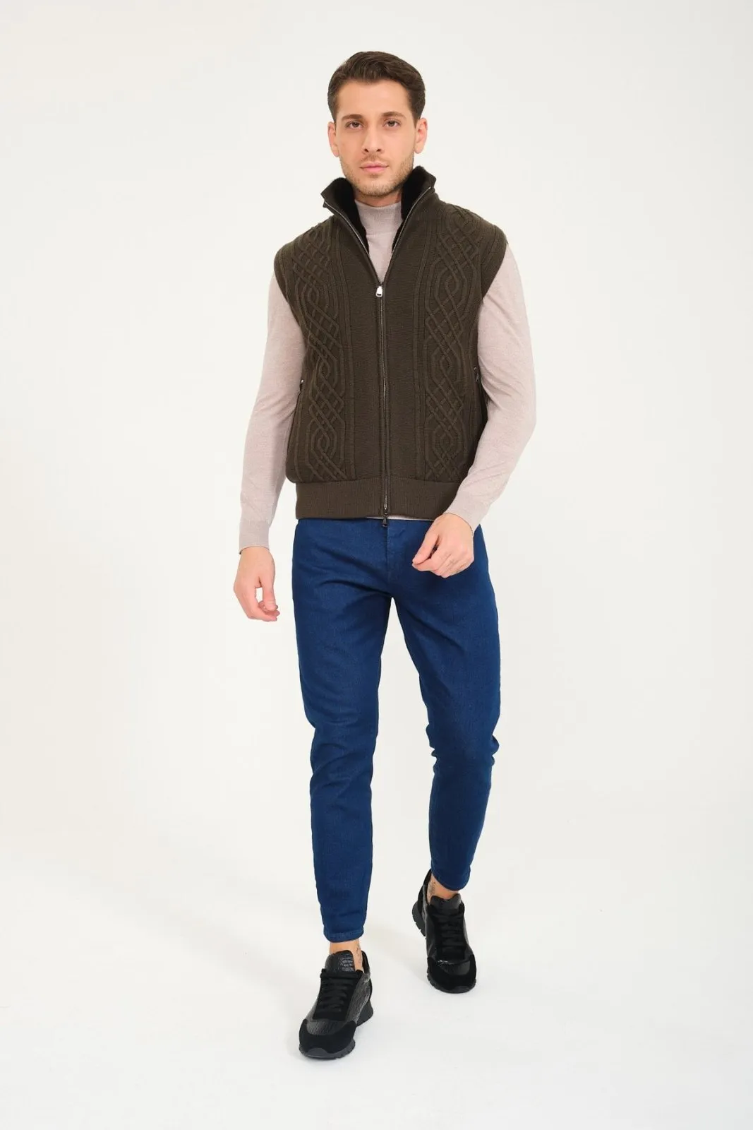 Khaki Wool & Rex Fur Knit Vest