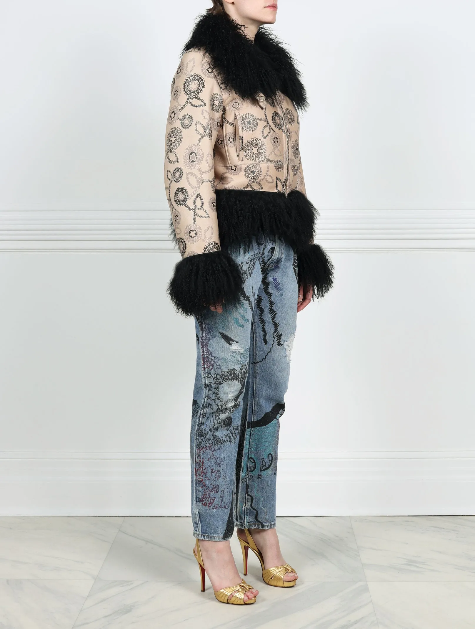 Knitted Flower Printed Shearling Jacket with Curly Lamb Trim Designed by Zandra Rhodes