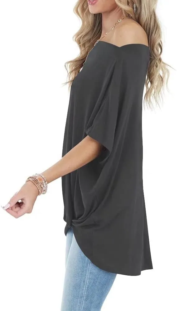 Lacozy Women's Off The Shoulder Tops Summer Casual Short Sleeve T-Shirts Blouse