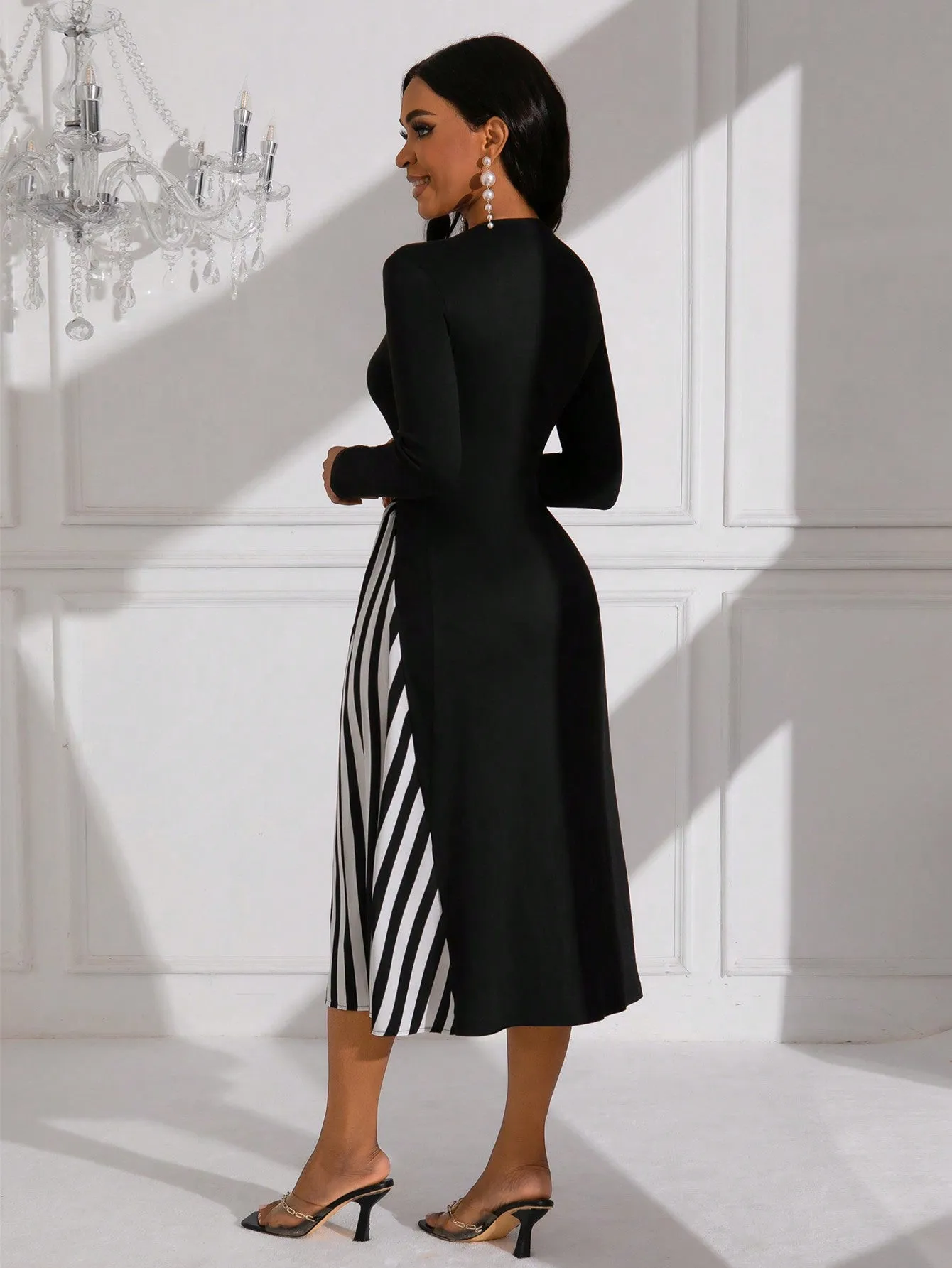 Lady Women's Pure Color Striped Patchwork Dress