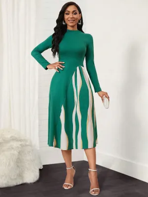 Lady Women's Pure Color Striped Patchwork Dress