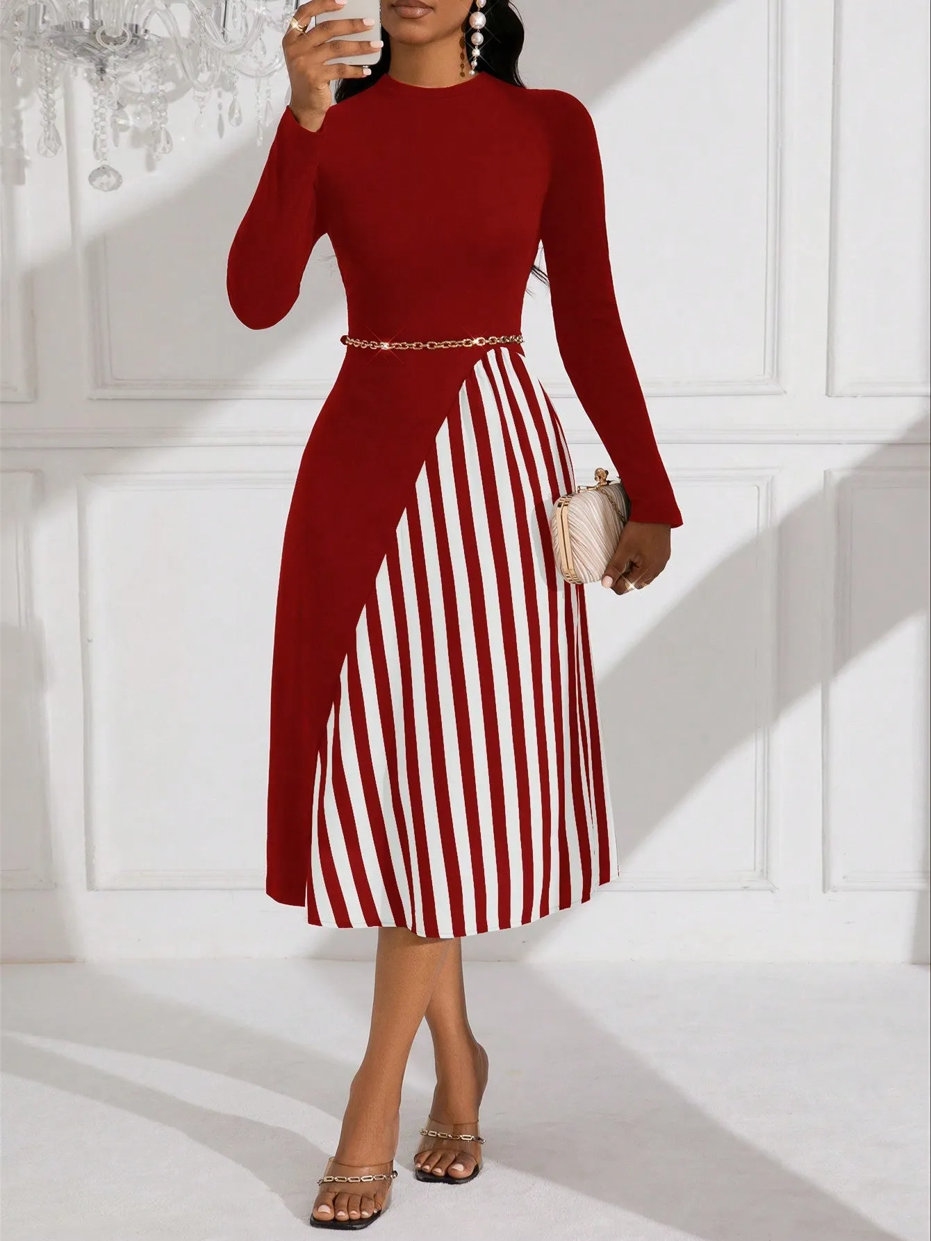 Lady Women's Pure Color Striped Patchwork Dress