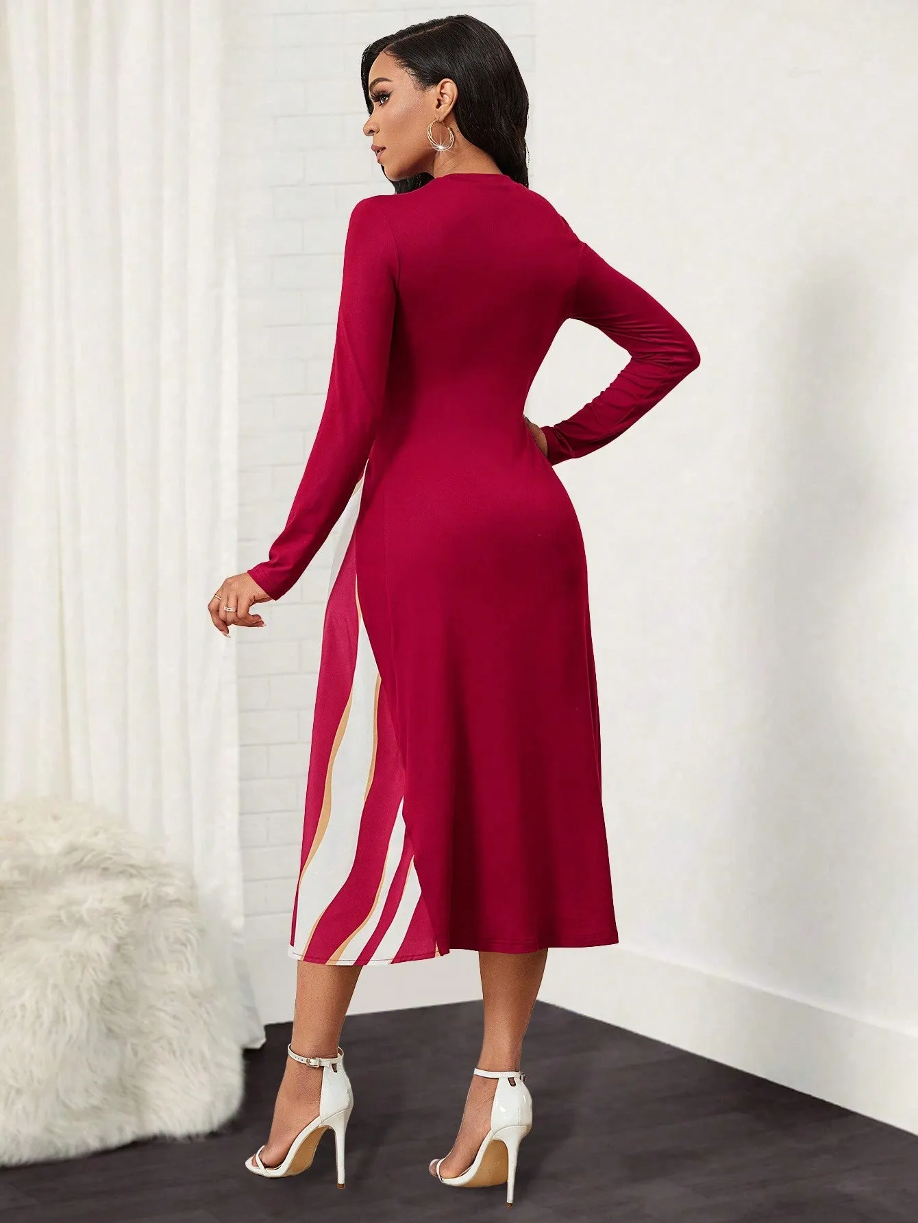 Lady Women's Pure Color Striped Patchwork Dress