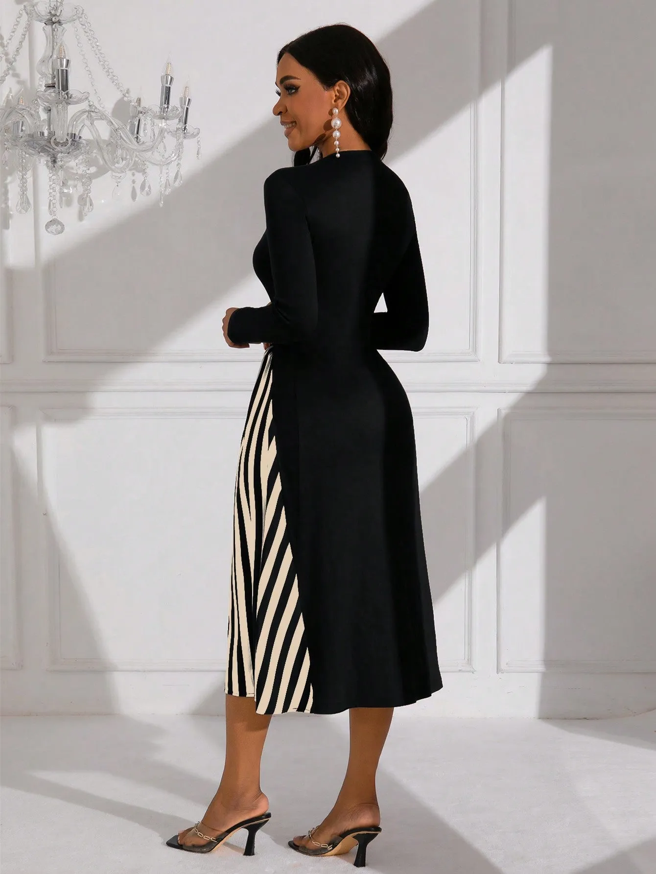 Lady Women's Pure Color Striped Patchwork Dress