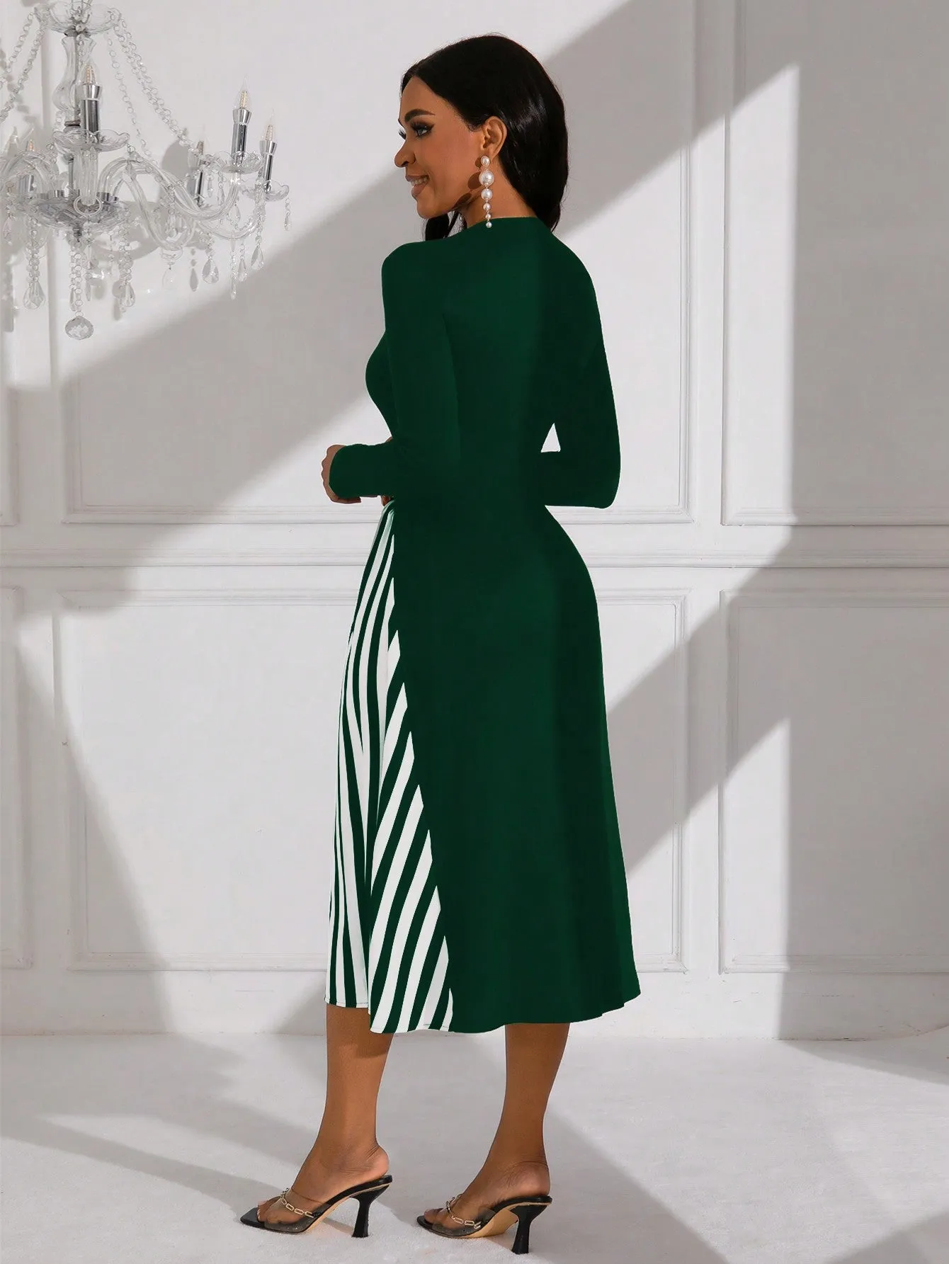 Lady Women's Pure Color Striped Patchwork Dress