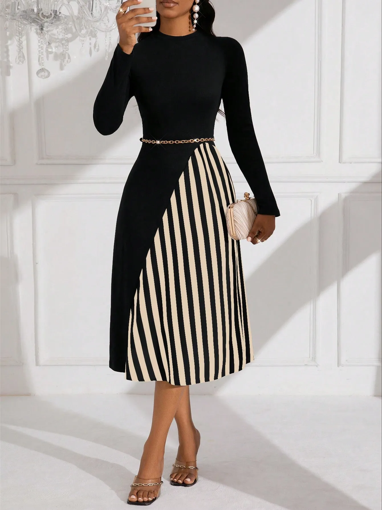Lady Women's Pure Color Striped Patchwork Dress