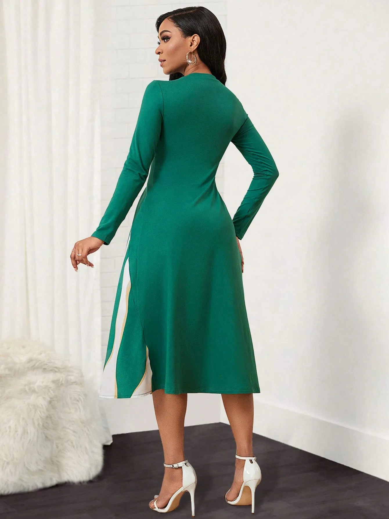 Lady Women's Pure Color Striped Patchwork Dress