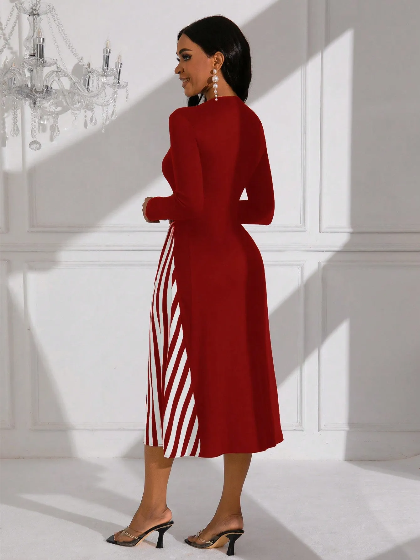 Lady Women's Pure Color Striped Patchwork Dress