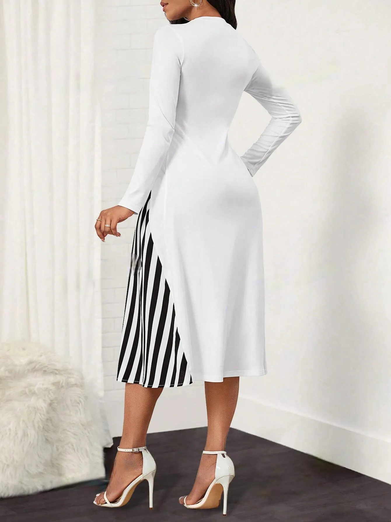 Lady Women's Pure Color Striped Patchwork Dress