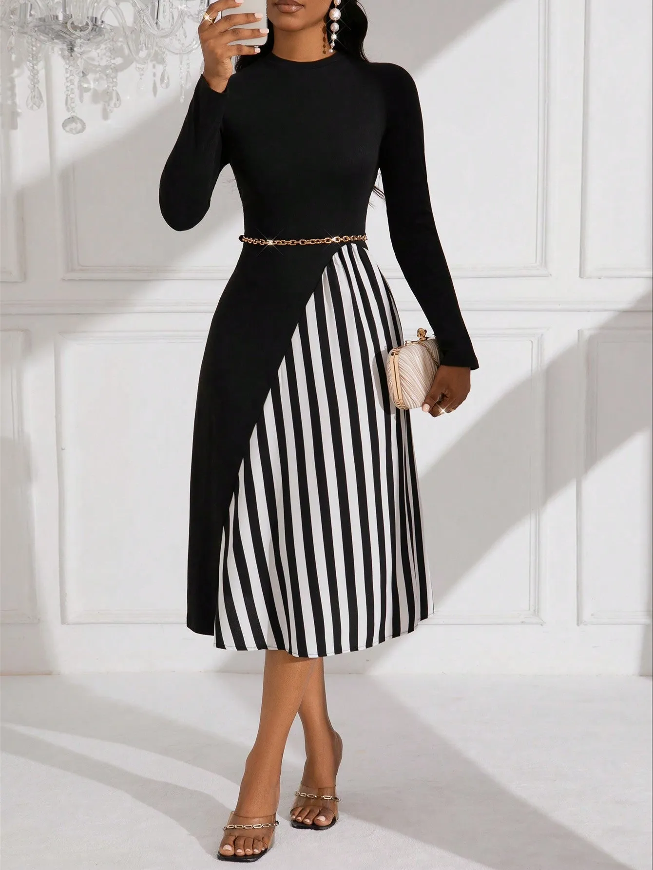 Lady Women's Pure Color Striped Patchwork Dress
