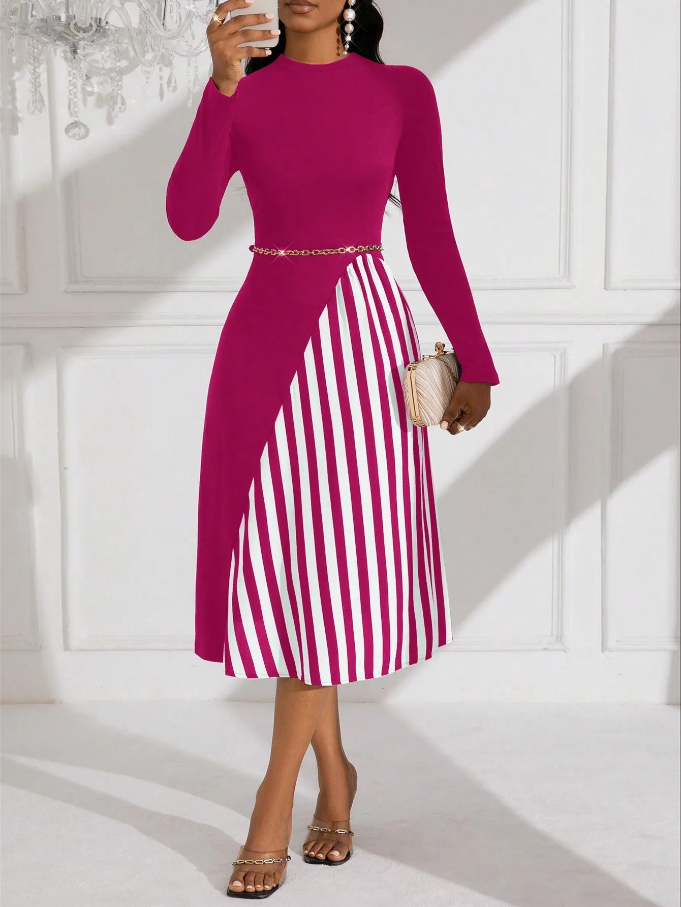 Lady Women's Pure Color Striped Patchwork Dress