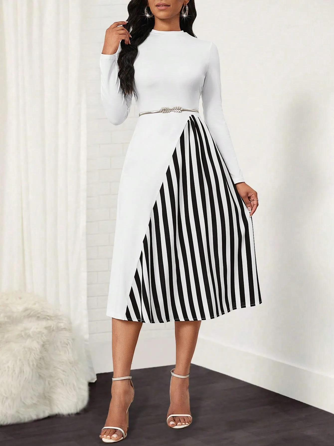 Lady Women's Pure Color Striped Patchwork Dress