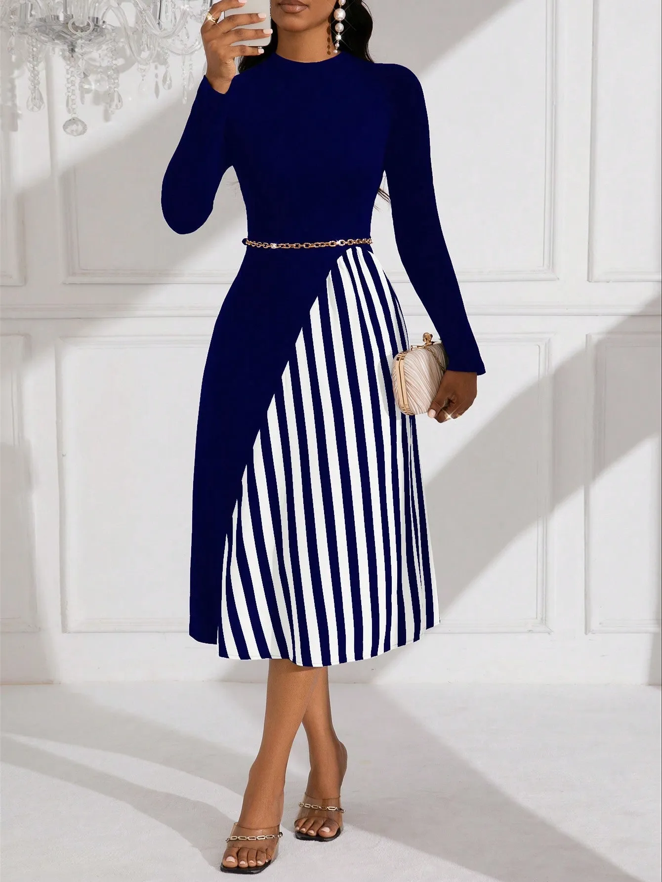 Lady Women's Pure Color Striped Patchwork Dress