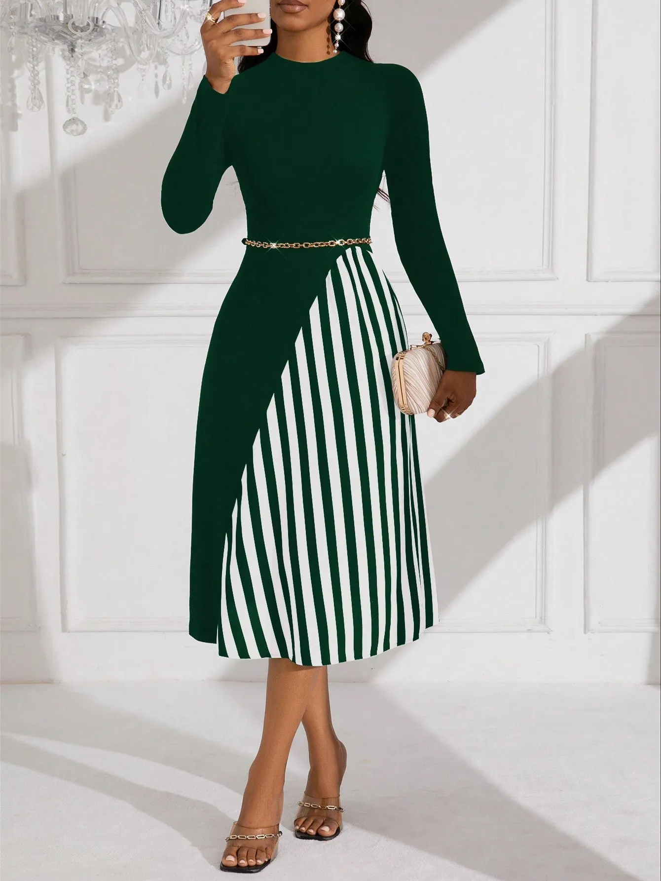 Lady Women's Pure Color Striped Patchwork Dress