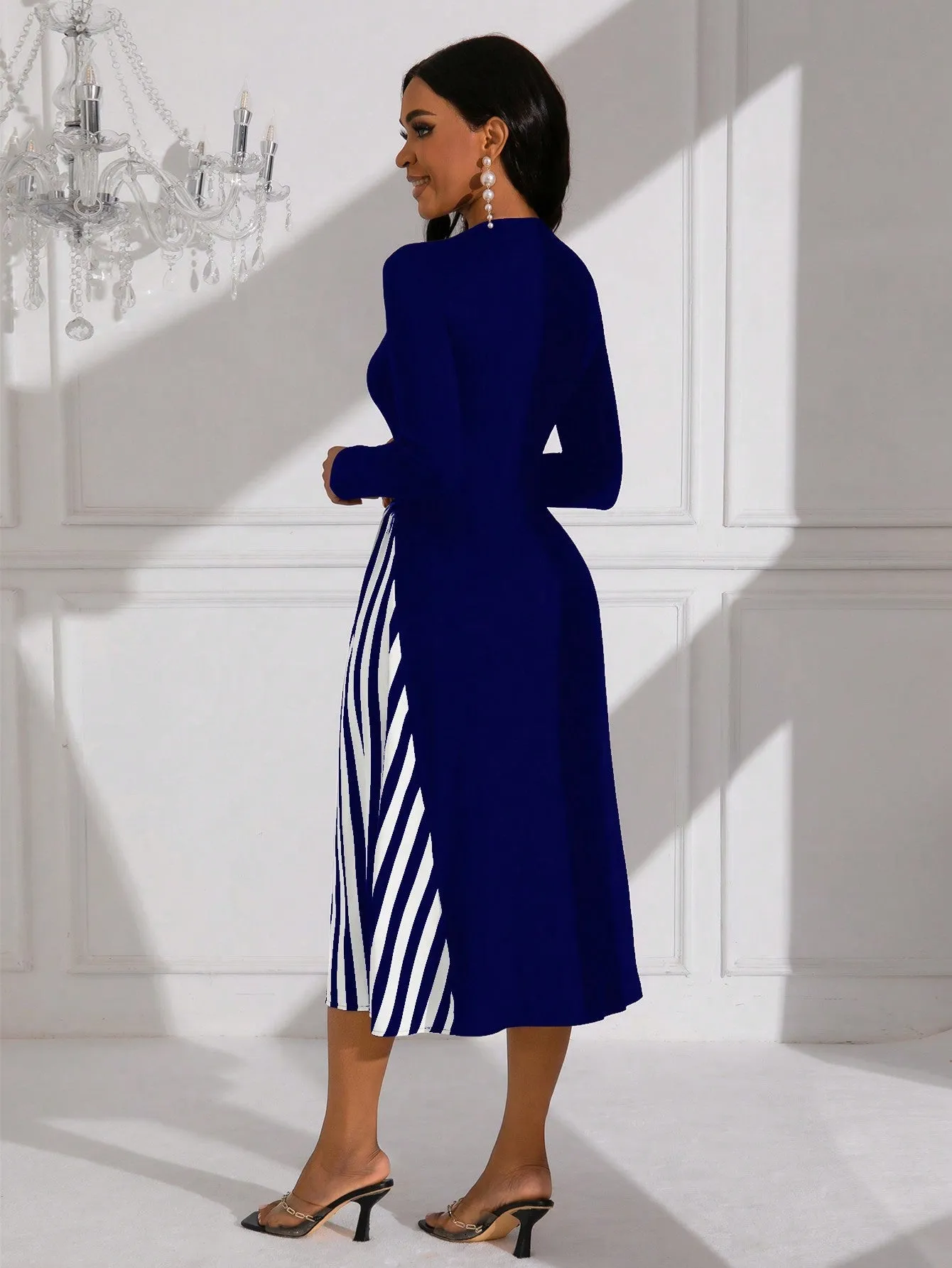 Lady Women's Pure Color Striped Patchwork Dress