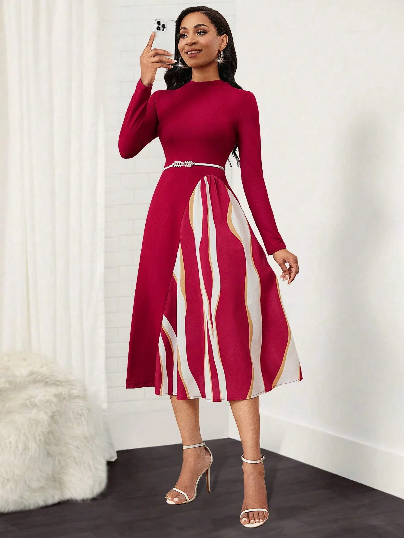 Lady Women's Pure Color Striped Patchwork Dress