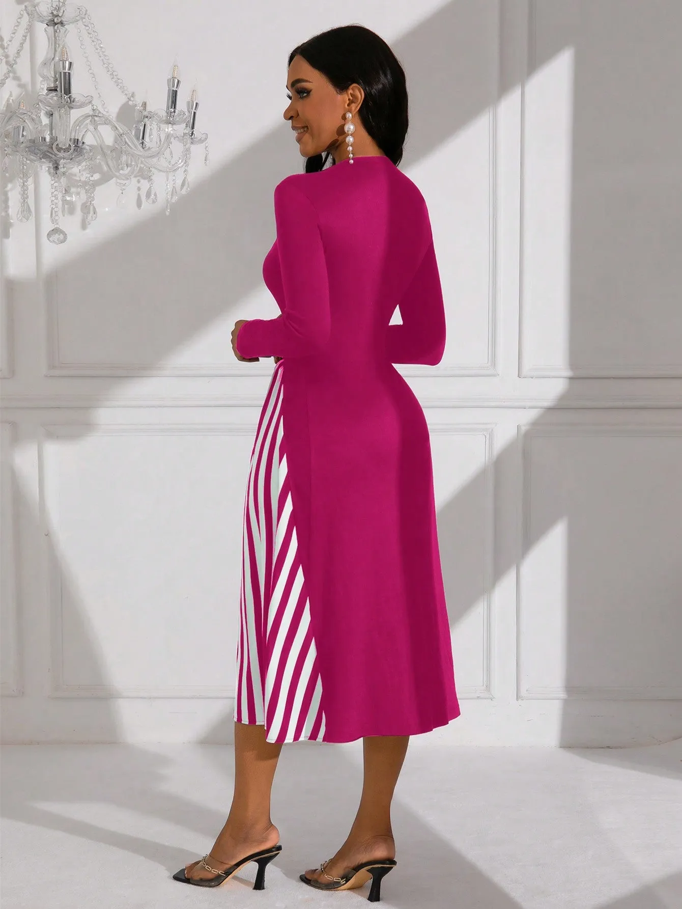 Lady Women's Pure Color Striped Patchwork Dress