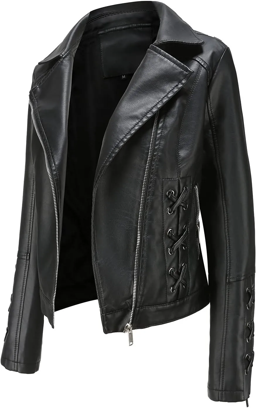 LCMTWX Womens Faux Leather Zip Up Moto Biker Jacket Long Sleeve Outwear Cool Slim Jacket Coat for Vacation Slim Lapel Women