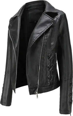 LCMTWX Womens Faux Leather Zip Up Moto Biker Jacket Long Sleeve Outwear Cool Slim Jacket Coat for Vacation Slim Lapel Women