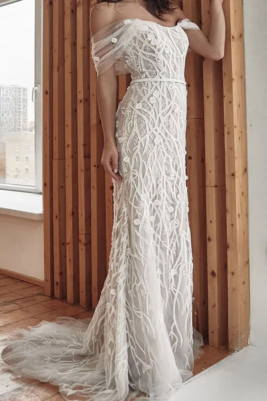 Long White Off-the-Shoulder Evening Gown Wedding Dress