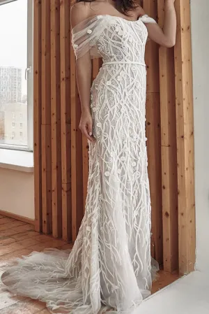 Long White Off-the-Shoulder Evening Gown Wedding Dress