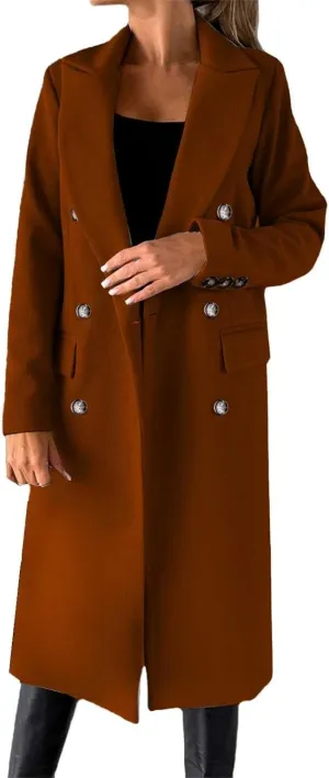 Long Winter Coats for Women Double Breasted Classic Lapel Outerwear Casual Trench Coat