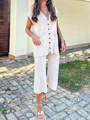 Loose Suit with V-neck Button Embellished Vest