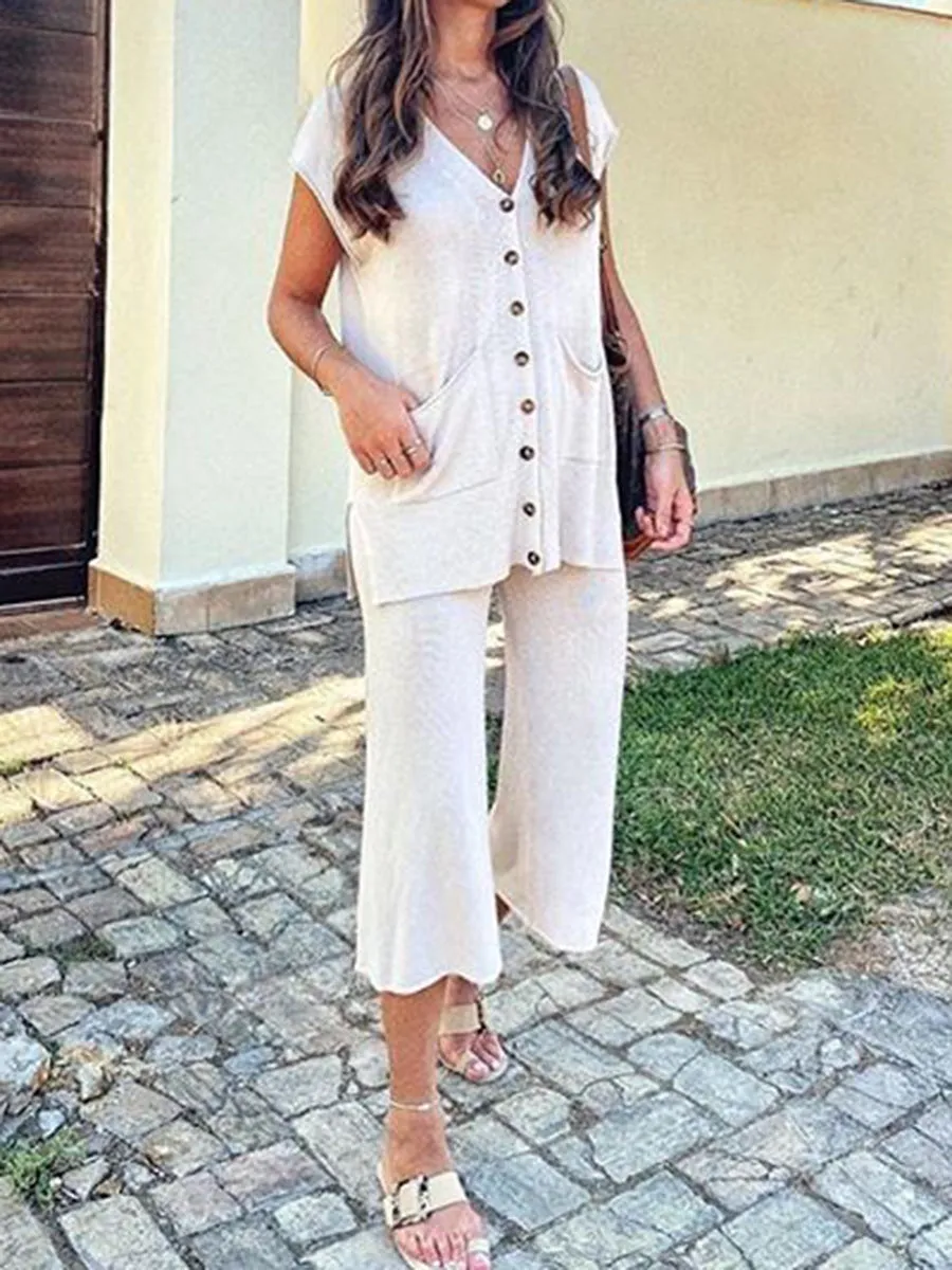 Loose Suit with V-neck Button Embellished Vest