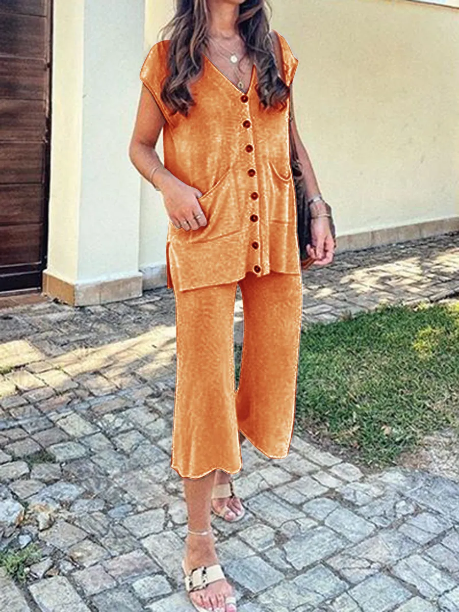 Loose Suit with V-neck Button Embellished Vest