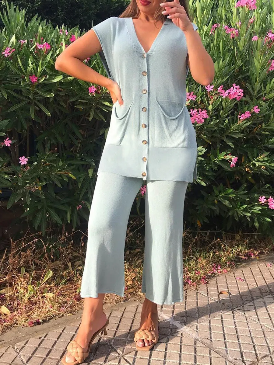 Loose Suit with V-neck Button Embellished Vest